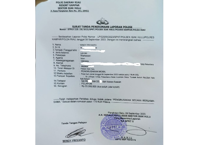 Hampir Dibunuh, Wartawan Media Online Riau Lapor Polisi